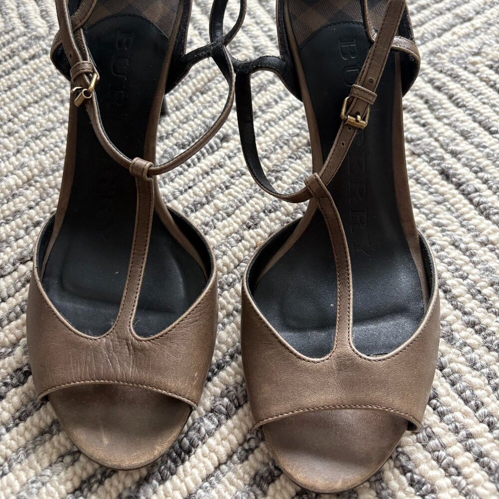 Burberry Leather T-Strap Heels - Muted Brown, Size 36 EU